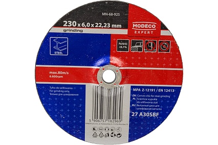 Диск для шлифования металла 230x6x22.23 мм, выпуклый MODECO MN-68-925