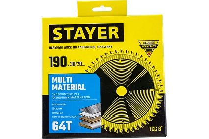 Пильный диск по алюминию Stayer Multi Material супер чистый рез, 190x30/20 мм, 64Т 3685-190-30-64