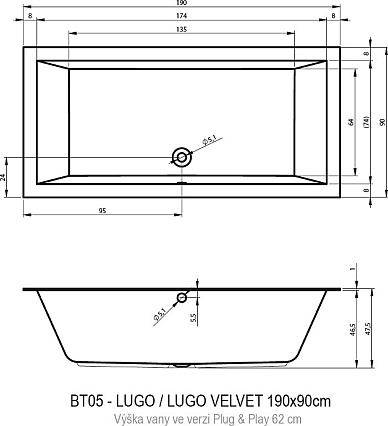 Акриловая ванна Riho Lugo Plug&Play 190x90 см R с монолитной панелью
