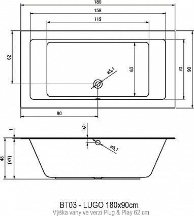 Акриловая ванна Riho Lugo Plug&Play 180x90 см L/R с монолитной панелью
