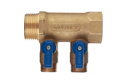 Коллектор Tiemme 2 отвода, с шаровыми клапанами 1х1/2"(16) (латунь) синие ручки 1820042