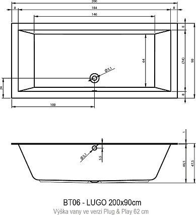 Акриловая ванна Riho Lugo Plug&Play 200x90 см L/R с монолитной панелью