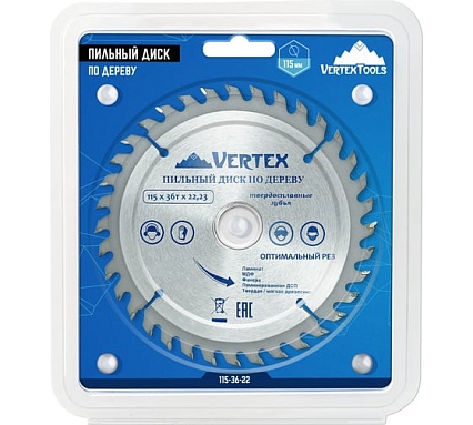 Диск пильный по дереву (115х22.23 мм; 36 зубов) Vertextools 115-36-22