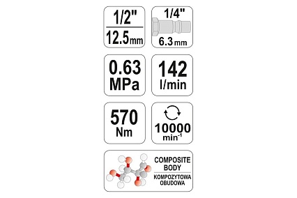 Пневматический гайковерт Yato 1/2", 570 Нм YT-09505