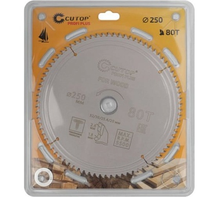 Диск пильный с тефлоновым покрытием по дереву Profi plus 250x1.8/2.6x32/30/25.4/20 мм, 80Т CUTOP 75-25080Т