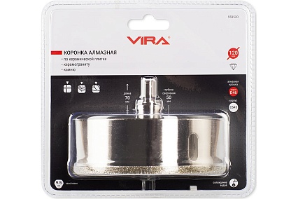 Коронка алмазная по керамике 120 мм, трехгранный хвостовик VIRA 559520
