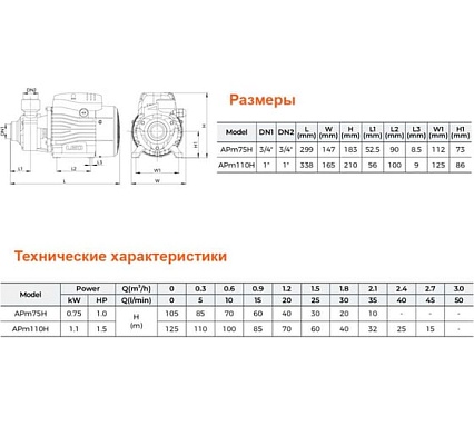 Вихревой насос LEO APm 75 H, 750 Вт, 220В, Qmax. 2,1 m3h, Hmax. 1055 m 1943