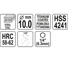 Сверло Yato фрезеровальное по металлу 10,0мм hss-tin hex YT-44828 364844828 092 1