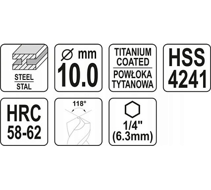 Сверло Yato фрезеровальное по металлу 10,0мм hss-tin hex YT-44828 364844828 092 1