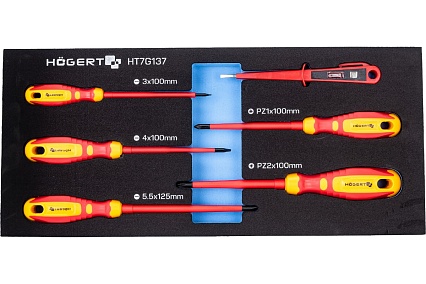 Набор диэлектрических отверток Hoegert Technik 1000V и индикатор напряжения 6 шт., ложемент HT7G137