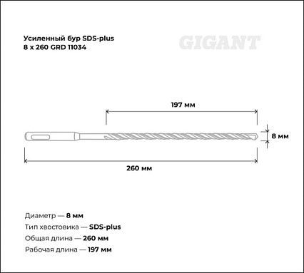 Бур усиленный по бетону SDS-plus (8x260 мм) Gigant GRD 11034