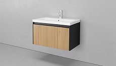 Мебель для ванной Velvex Klaufs 80 см подвесная, 1 ящик, черный матовый/дерево шатанэ