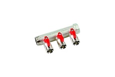 Коллектор Henco 1" с красными шаровыми кранами, 3/4"НР евроконус, 1"-3xEK14,16,18,20 VB060503-ROOD