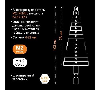 Сверло ступенчатое по металлу (4-32 мм; шестигранный хвостовик) RAGE by VIRA 554002