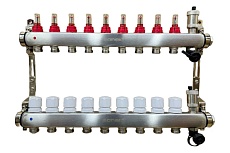 Коллектор для теплого пола Sanext 8529-1 нержавеющая сталь, с расходомерами, автоматический в/о и дренажный клапан, ДУ25, ВР1x9 конт. НР 3/4