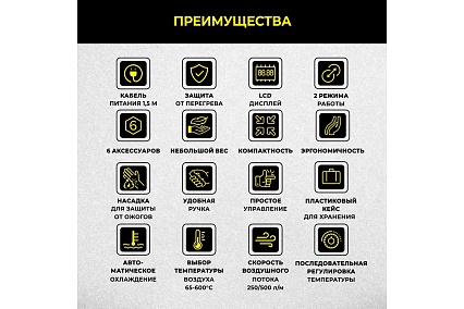Строительный фен Technicom 65-600 °С, 250-500 л/мин, 2800 Вт, 6 аксессуаров TC-HG2800