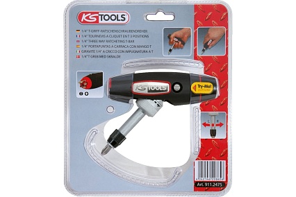Отвертка для бит KS Tools с ручкой-трансформером, 1/4", в комплекте с 5 битами 911.2475