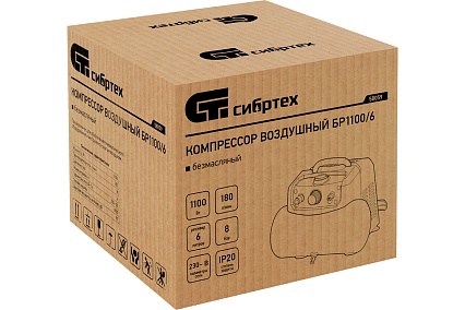 Воздушный безмаслянный компрессор Сибртех BL 1100/6 1100Вт, ресивер 6 литров, 180 л/мин 58059