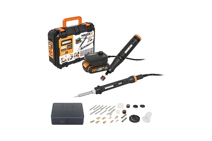 Гравировальная машинка Worx WX739.9 + Выжигатель WORX WX744.9, 20 В, 2 Ач, адаптер, ЗУ, кейс WX988
