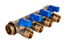 Коллектор с шаровыми кранами STOUT Smb 6211 341204 3/4&quot;, 4 отвода 1/2&quot;, синие ручки RG0091AACQNHBU