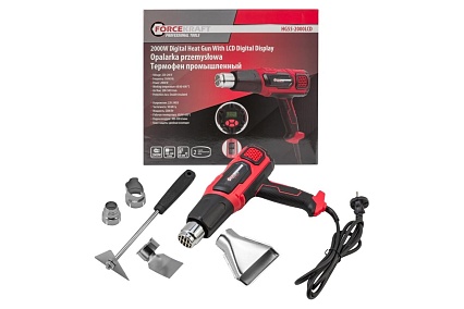 Промышленный электрический фен с дисплеем и насадками Forcekraft 220в, 50/60гц, 2000вт, 60-600с, 300-500л/мин, класс защиты-двойная изоляция FK-HG55-2000LCD(52343)
