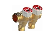 Сантехнический коллектор Giacomini латунный, с вентилями с пластиковыми ручками, компактная модель 3/4x1/2/3 R585CY033