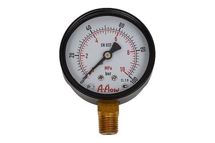 Манометр от 0 до 100 бар из углеродистой стали, D63 мм, NPT 1/4", штуцер снизу A-Flow G10-C-4N-63A-100bar