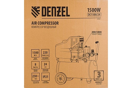 Воздушный компрессор с прямым приводом Denzel DC1500/24, 1,5 кВт, 24 литра, 220 л/мин/ 58160