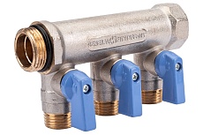 Коллектор с шаровыми кранами STOUT Smb 6211 341203 3/4&quot;, 3 отвода 1/2&quot;, синие ручки RG0091AACQML3R