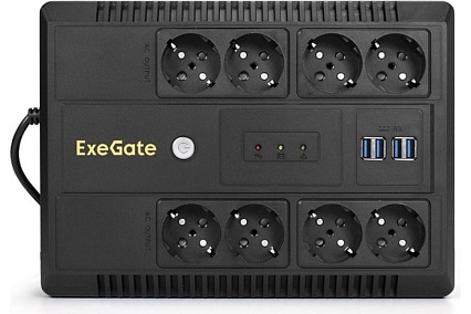 Источник бесперебойного питания Exegate NEO NNB-800.LED.AVR.8SH.CH 800VA 480W, LED, AVR, 8*Schuko, 4*USB-порта для зарядки, Black 293854
