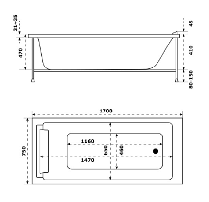 Акриловая ванна Jacob Delafon Spacio 170x75 без подушки