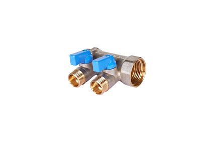 Коллектор с шаровыми кранами STOUT Smb 6211 011202 1", 2 отвода 1/2", синие ручки RG0091AACQM73N