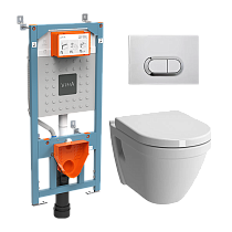 Подвесной унитаз VitrA S50 9003B003-7201 комплект с инсталляцией VitrA V12, кнопка Loop O глянцевый хром, сиденье микролифт