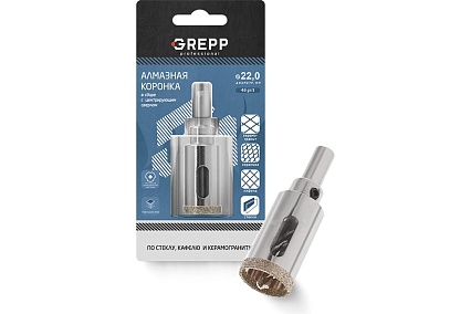 Коронка алмазная для стекла в сборе с центрирующим сверлом 22 мм GREPP 403-0022