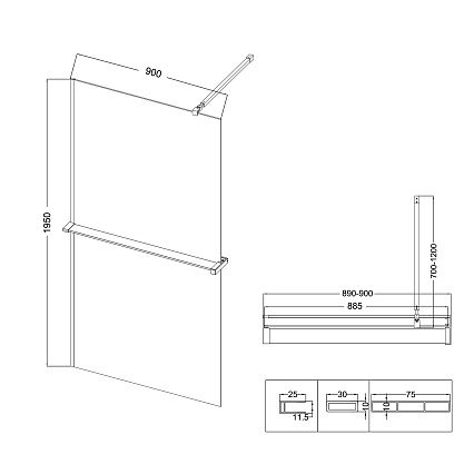 Душевая перегородка Niagara Nova NG-670-90ВLACK 90x195 прозрачная, профиль черный матовый