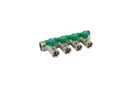 Модульный коллектор ELSEN 1", 4 контура, размер отвода-3/4" ЕК, PN, бар-10, TC -85, с шаровыми кранами, латунь EMW04.04