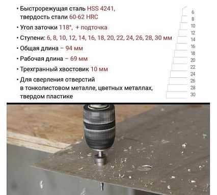 Сверло ступенчатое по металлу 6-30 мм VIRA 551630