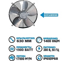 Вентилятор осевой АРКАИМ 630 мм, 380 Вольт, Поток: всасывание. YWF4D-630S-168/80-G