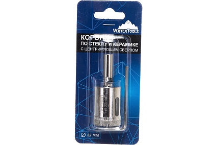 Коронка с центрирующим сверлом по стеклу и керамике (22х55 мм) Vertextools 336-22-55