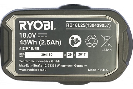 Аккумулятор Ryobi ONE+ RB18L25 5133002237 (18 В; 2.5 А*ч; Li-Ion)