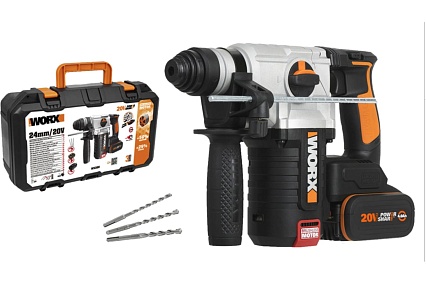 Аккумуляторный бесщеточный перфоратор Worx 20В, 4Ач x2, ЗУ 2А, кейс WX380