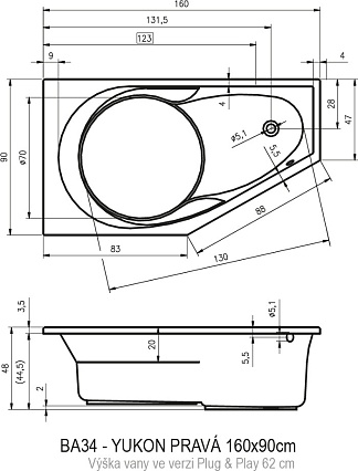 Акриловая ванна Riho Yukon Plug&Play 160x90 см R с монолитной панелью