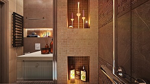 Современный фьюжн с использованием коричневых оттенков в ванной комнате