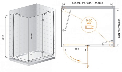 Душевой уголок Cezares BERGAMO-W-AH-1-90/100-C-Cr-R 90x100 прозрачный, R