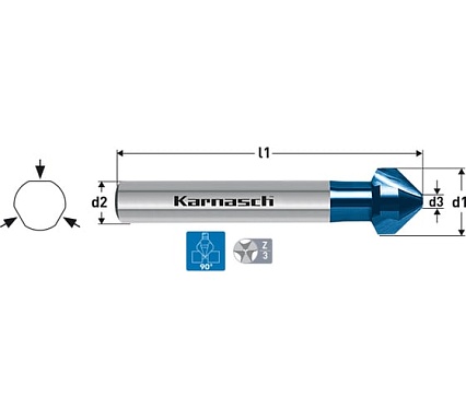 Зенковка Karnasch 90 10.4x2.5x50x6 мм, HSS-XE с покрытием BLUE-TEC (хвостовик шестигранник) 20.1745-120