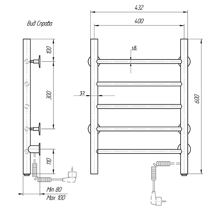 Полотенцесушитель электрический Domoterm Классик DMT 109-5 40x60 EK ТЭН справа, хром