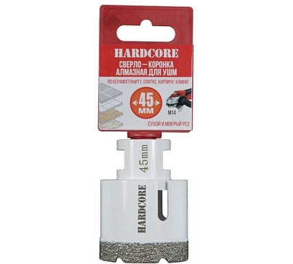 Коронка алмазная Hardcore по керамограниту для УШМ 45 мм, М14 155045
