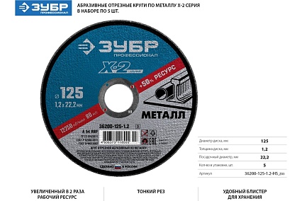 Круг отрезной X-2 по металлу (5 шт; 125х1.2х22 мм) Зубр 36200-125-1.2-H5_z03