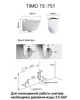 Электронный подвесной унитаз-биде Timo ТЕ-751 с инсталляцией и хромированной кнопкой