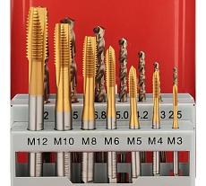 Набор машинных метчиков H-Tools M3-M12 HSSE-TiN DIN371/376 + сверла 14пр 245051THT